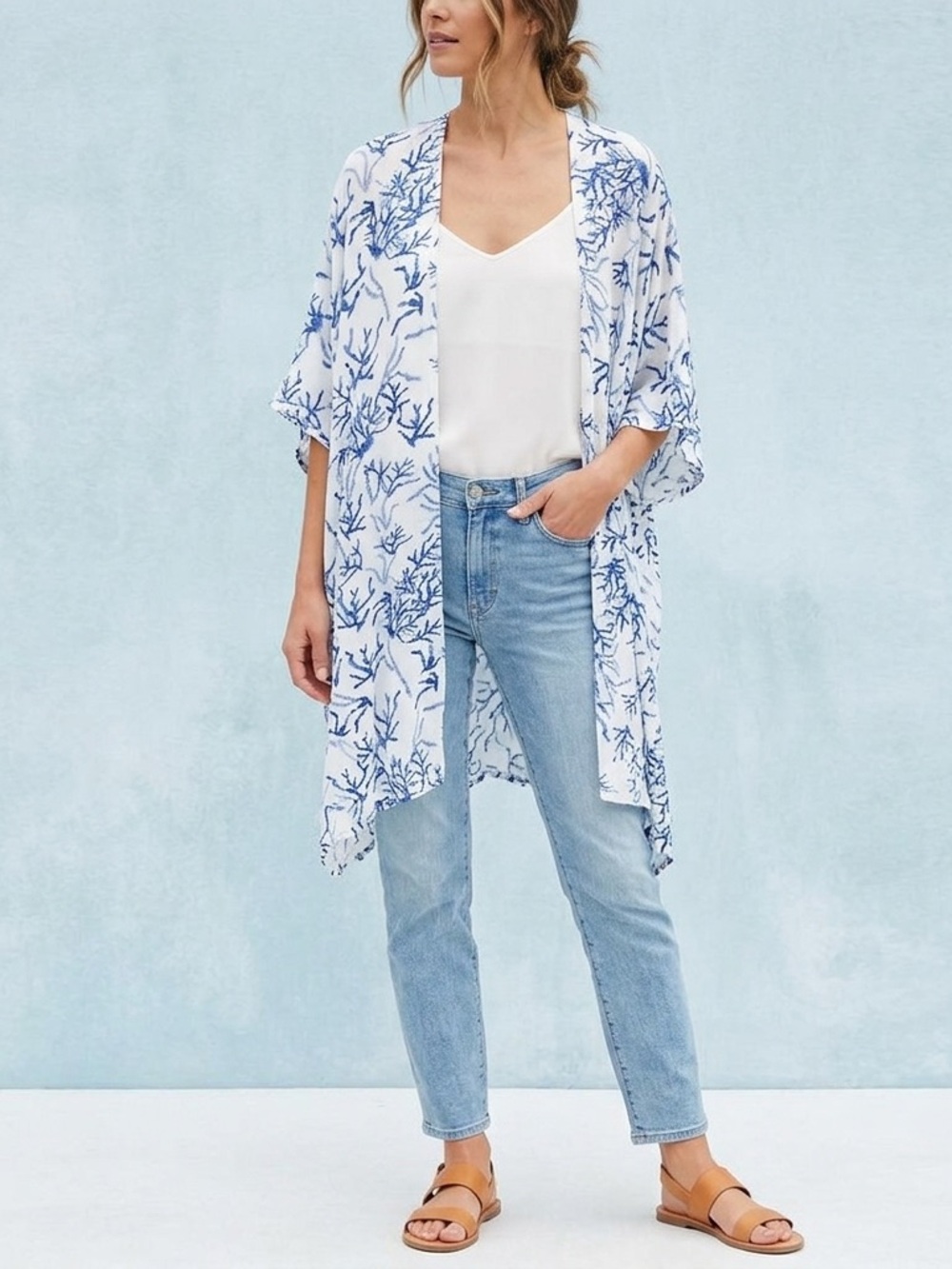Lightweight White & Blue Coral Print Swim Coverup Kimono